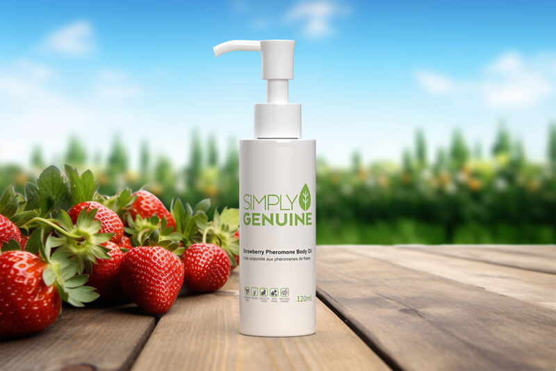 Organic Strawberry Pheromone perfume oil ingredients include Apricot Kernel, Sunflower, Hemp, and Sweet Almond oils.